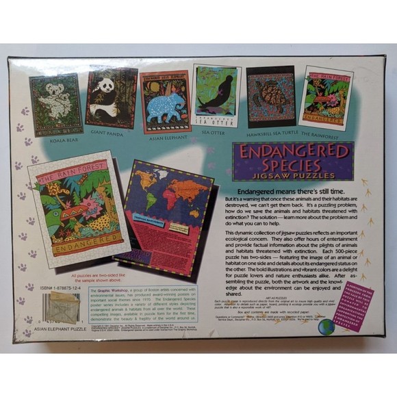 Vintage 1991 Endangered Species 2 Sided Jigsaw Puzzle Asian Elephant 500 Piece - Picture 4 of 6